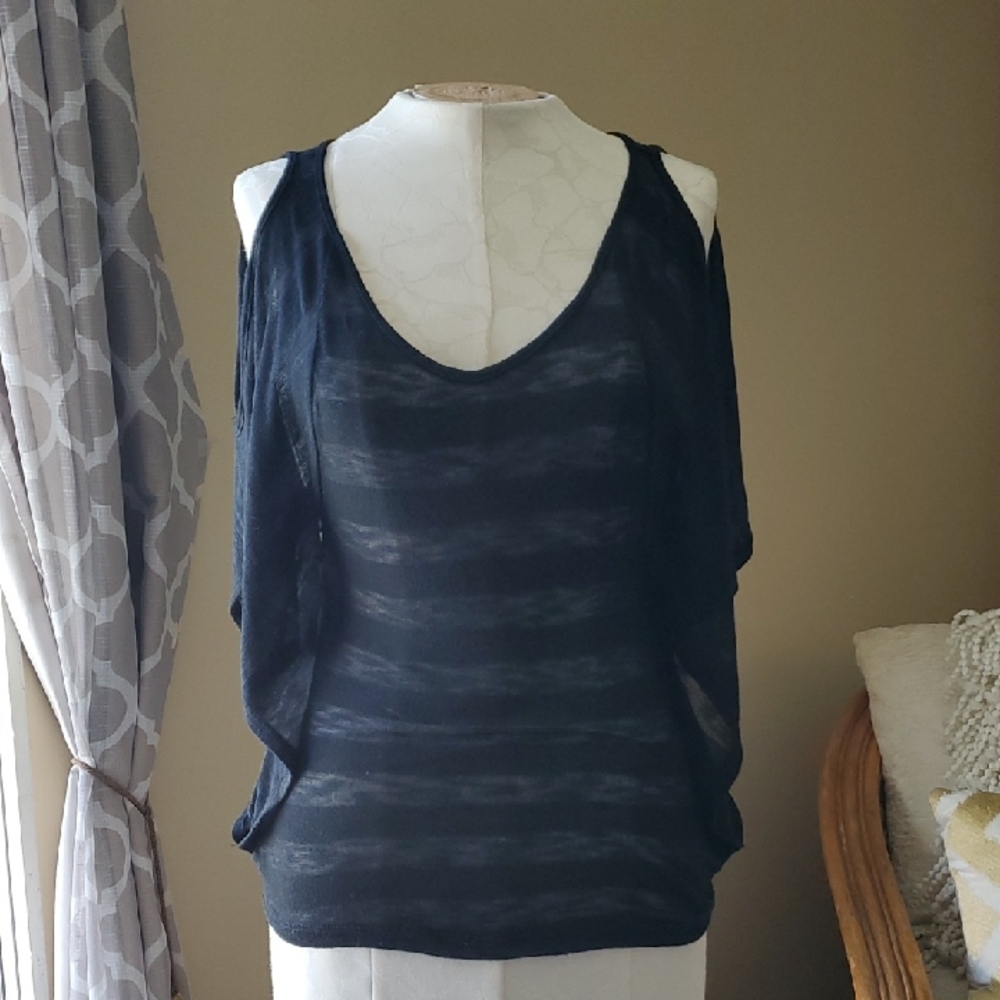 Basic House Black Striped Women's Cold Shoulder Top